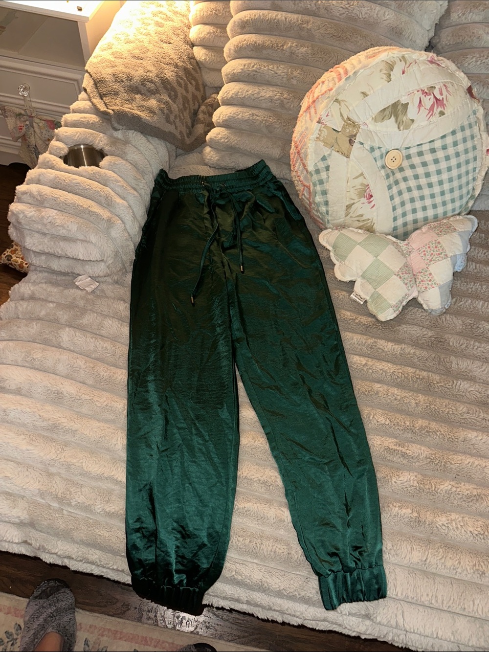 Green Satin Jogger Pants - Comfortable Elastic Waist